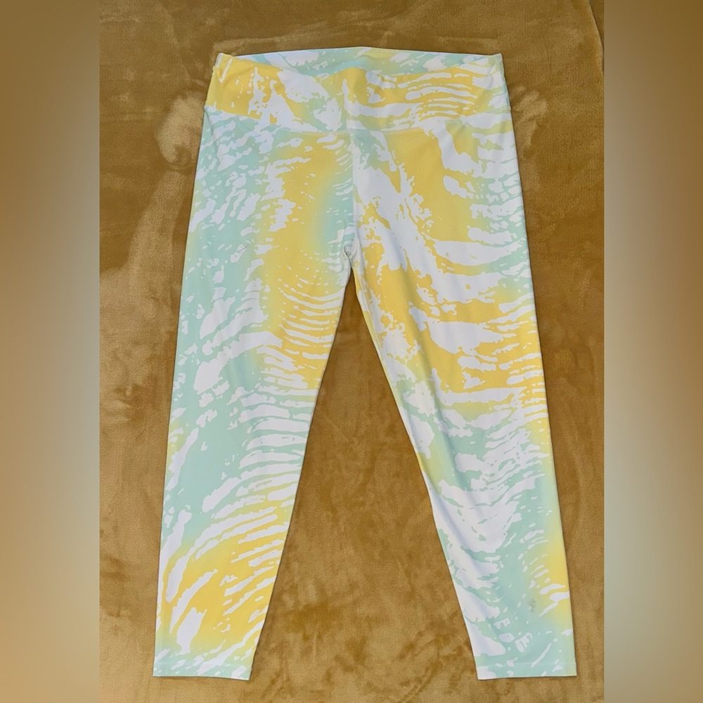Fabletics White Leggings with Yellow and Teal Tie-Dye Design *Slightly Worn*